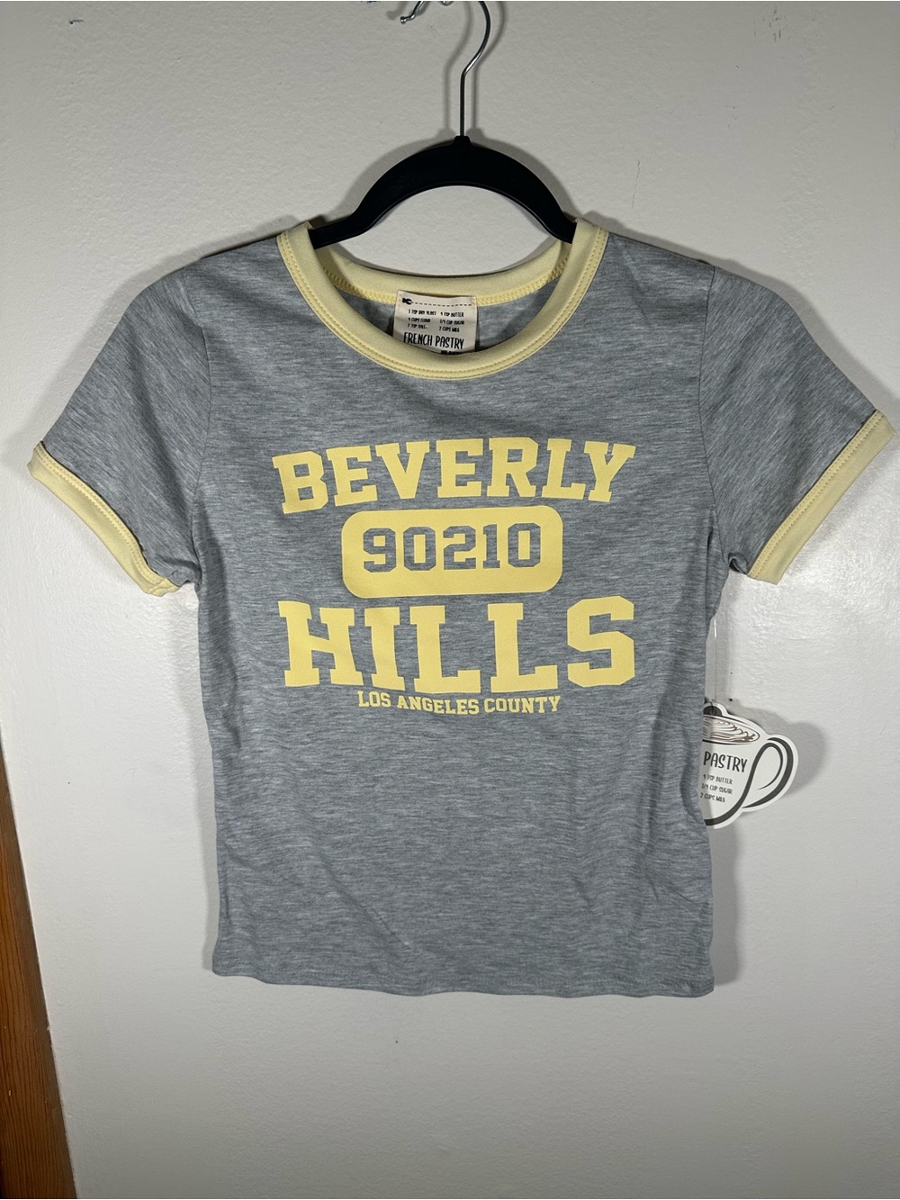 French Pastry Beverly Hills 90210 Ringer T-Shirt Gray Yellow Graphic Tee Medium